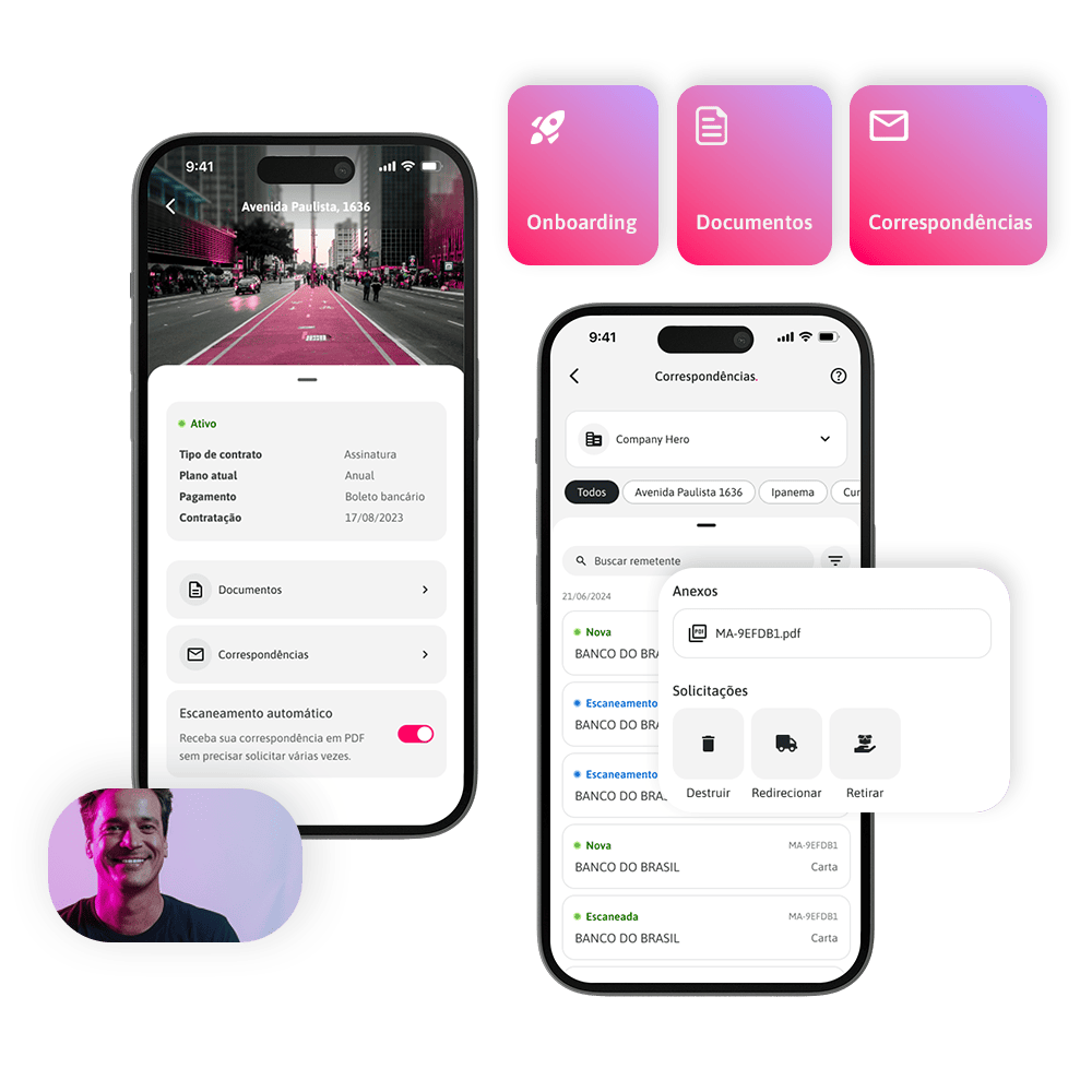 Screenshot do app de escritório virtual da Company Hero mostrando várias funcionalidades, como documentos, correspondências, tipos de contrato, entre outros.