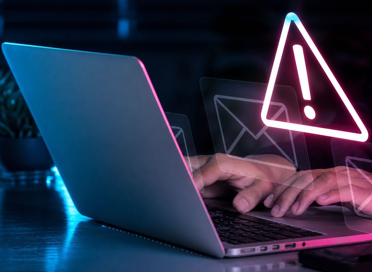 Picture of a person at a laptop with alerts