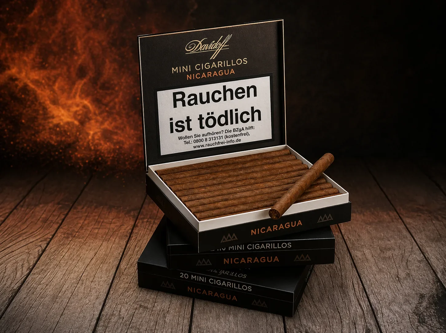 Ein Davidoff Nicaragua Mini Cigarillo auf seiner geöffneten Box.