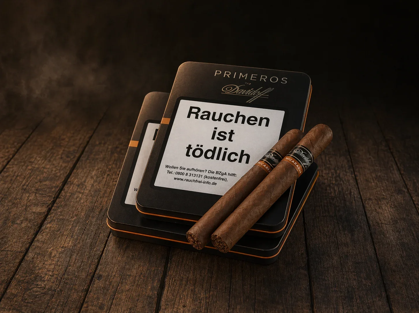 Zwei Davidoff Escurio Primeros auf ihrer Dose liegend.