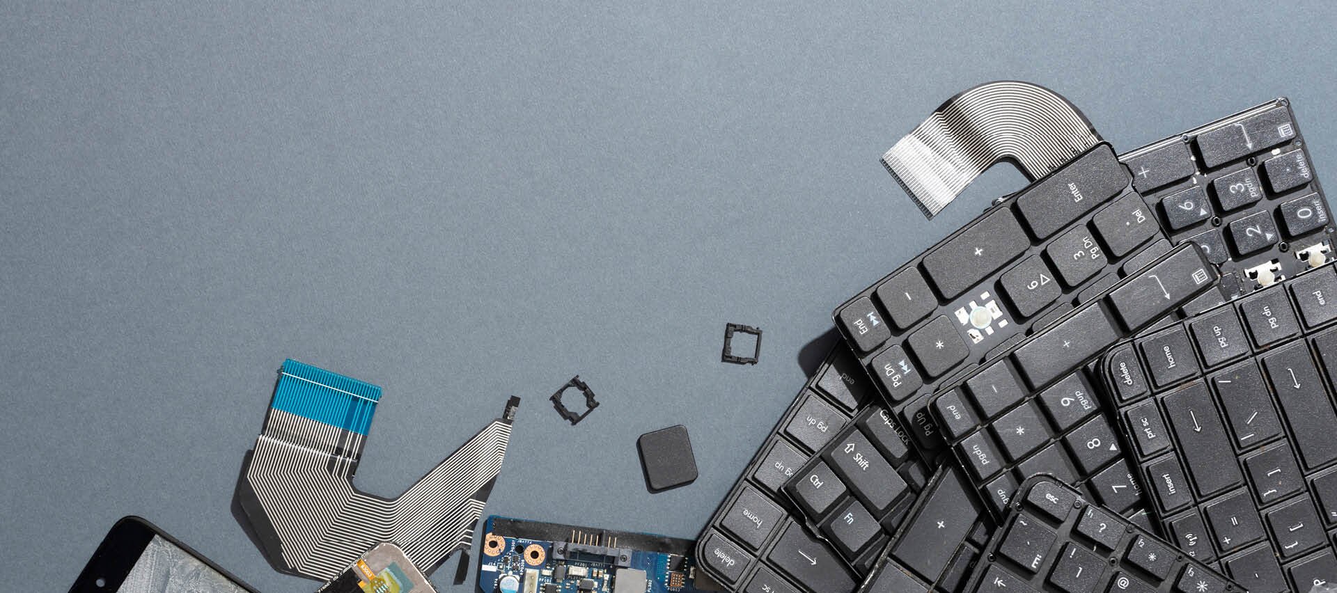 Zerlegte schwarze Computertastatur mit sichtbaren Platinen und einzelnen Tasten auf grauem Untergrund