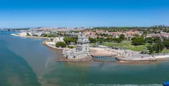 Aerial close up view of the Tower of Belem in Lisbon