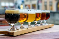 A flight of 5 different beers in Bruges, Germany
