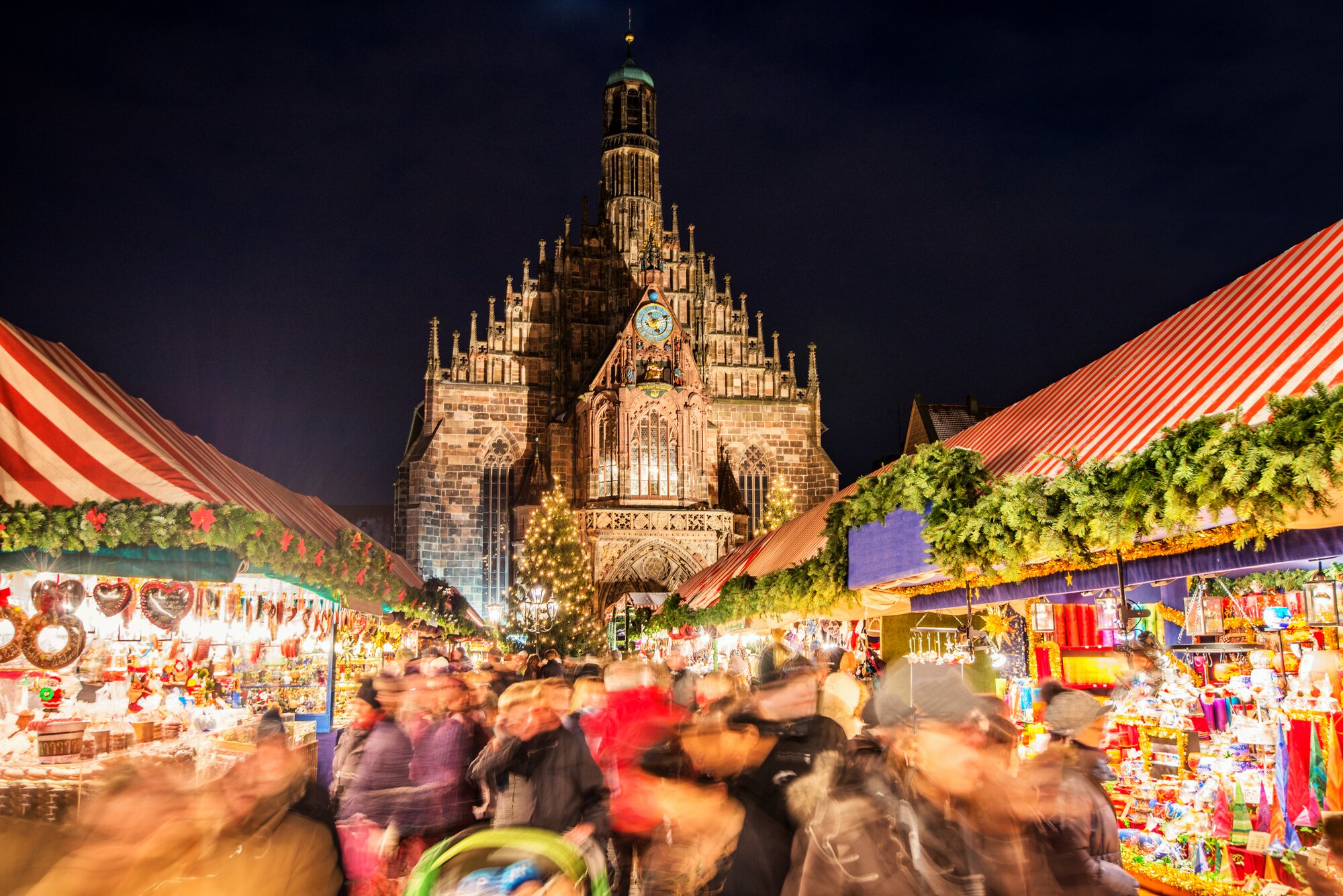 View of the different stalls at  a Christmas market in Nuremberg, Germany