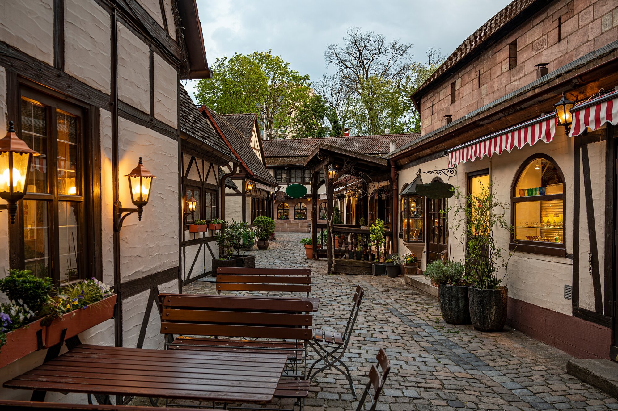 Medieval small half-timbered shops in Nuremberg, Germany