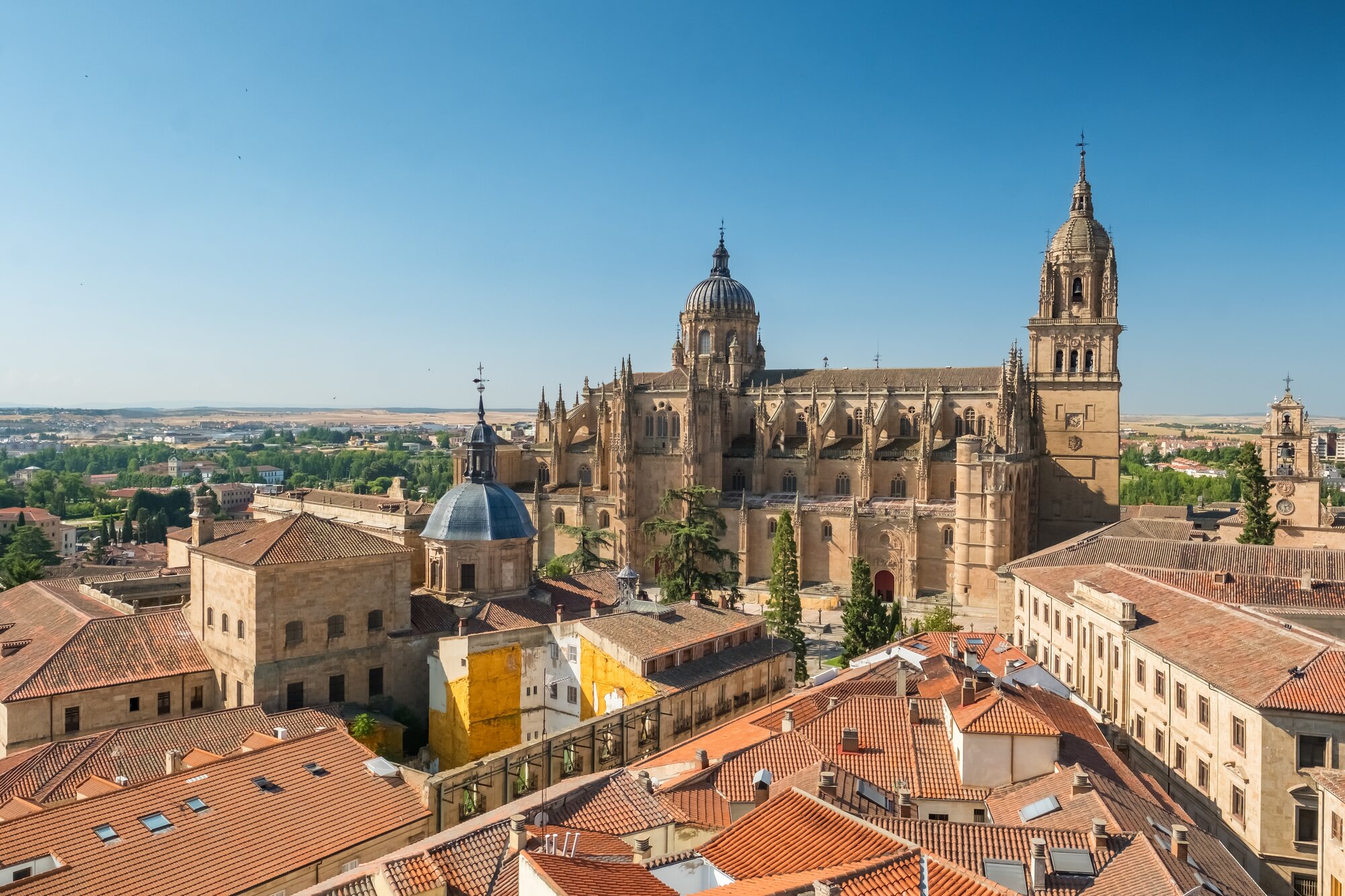 Salamanca cityscape featuring historic Salamanca Cathedral in Castile and Leon, Spain. Impressive Gothic architecture stands prominently in the heart of Salamanca city. Panorama of the city