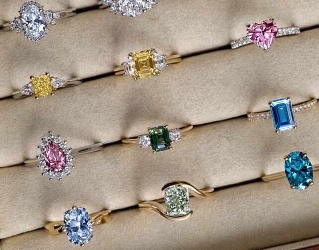 Coloured gemstone rings with pink, blue, yellow and green stones