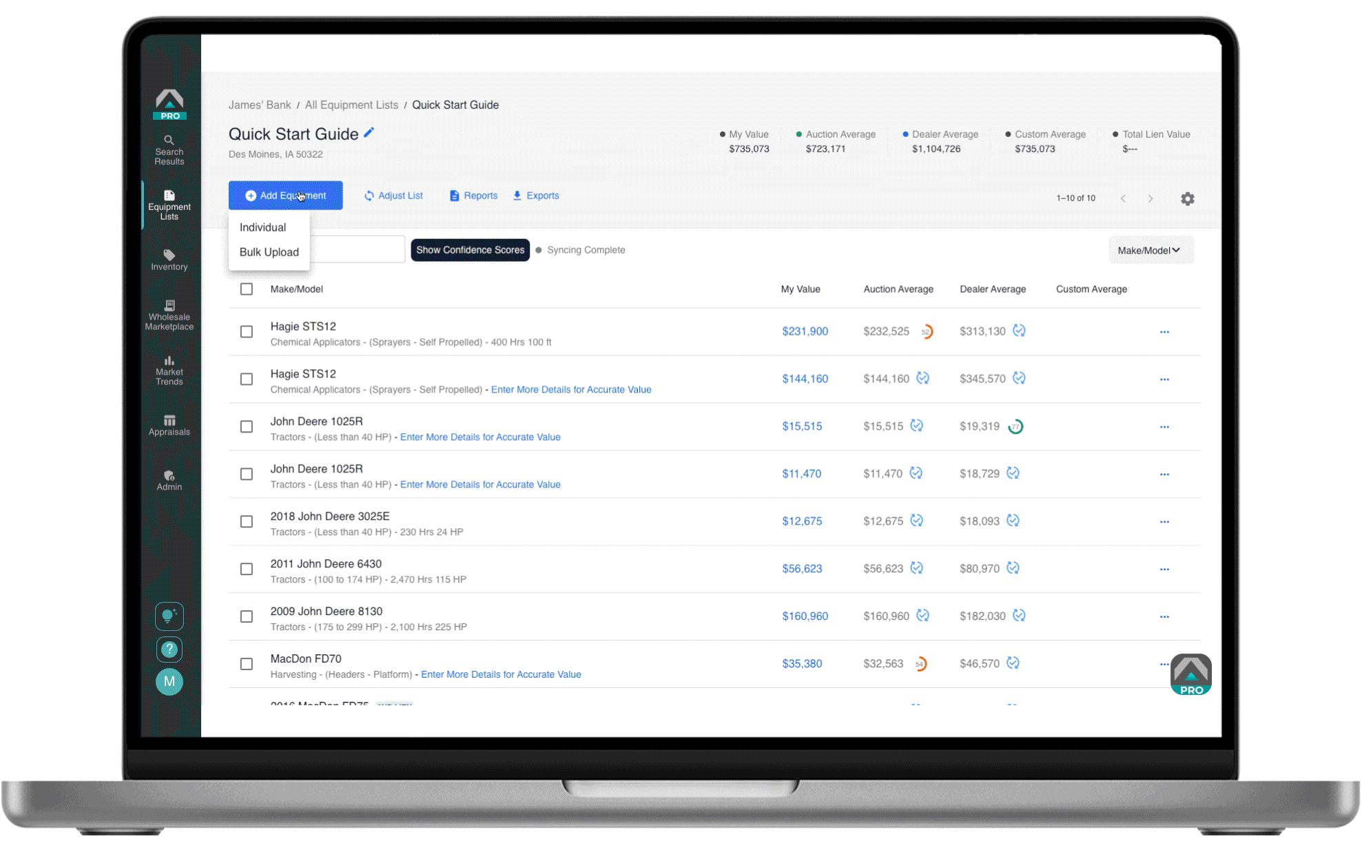 desktop view of Tractor Zoom Equipment Lists