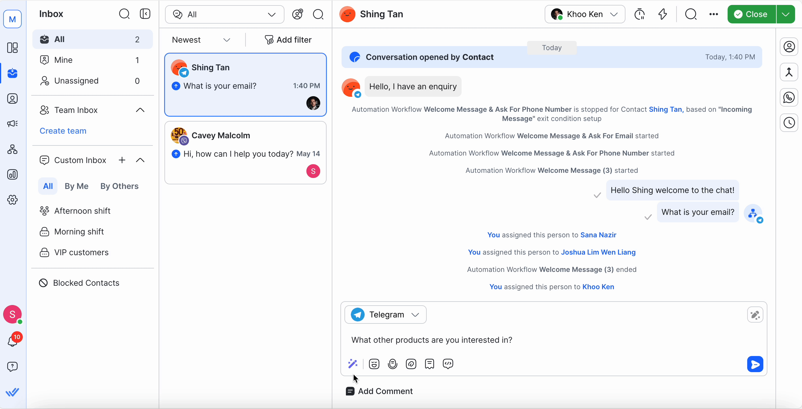 Screenshot of the respond.io Inbox showing AI Assist and AI Prompts, with options to change tone, translate, fix grammar and simplify language for faster, polished replies.