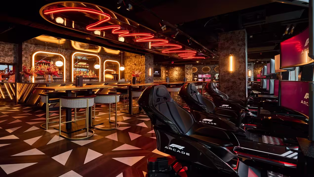 F1 Arcade Boston Racing Simulators with Bar and Dining area