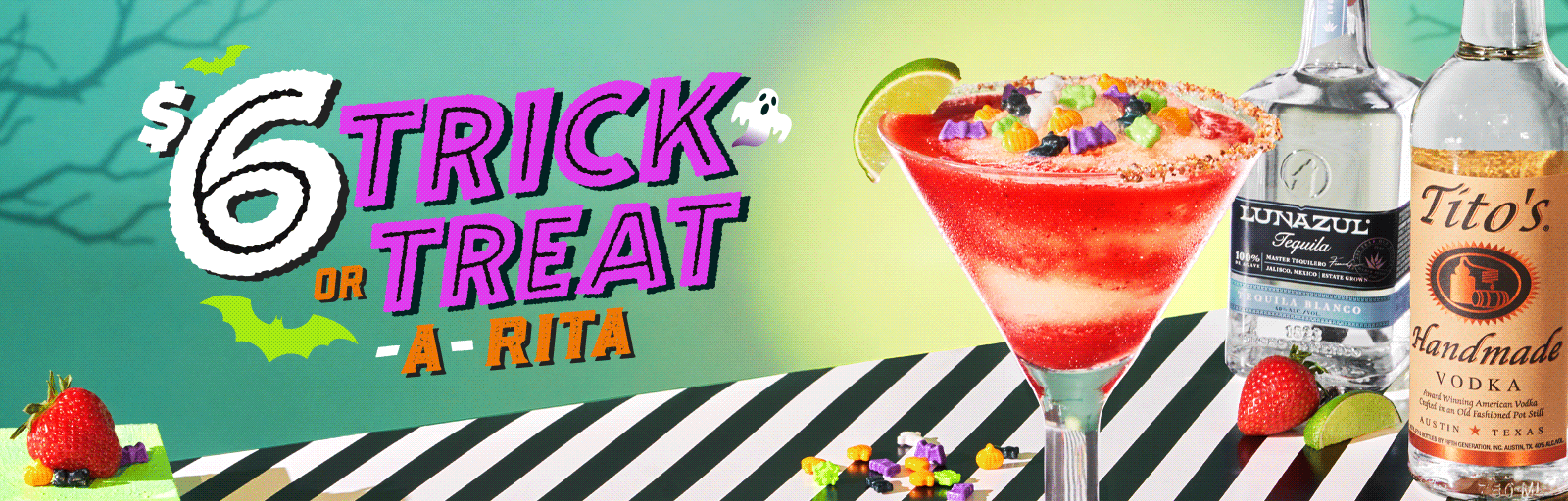 Chili's October Trick or Treat-A-Rita with Lunazul® Blanco Tequila, Tito's® Handmade Vodka, fresh sour and strawberry puree is topped with Classic Frozen Margarita and sweet & tart Halloween candies.