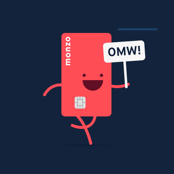 An animated illustration of a Monzo debit card smiling and running