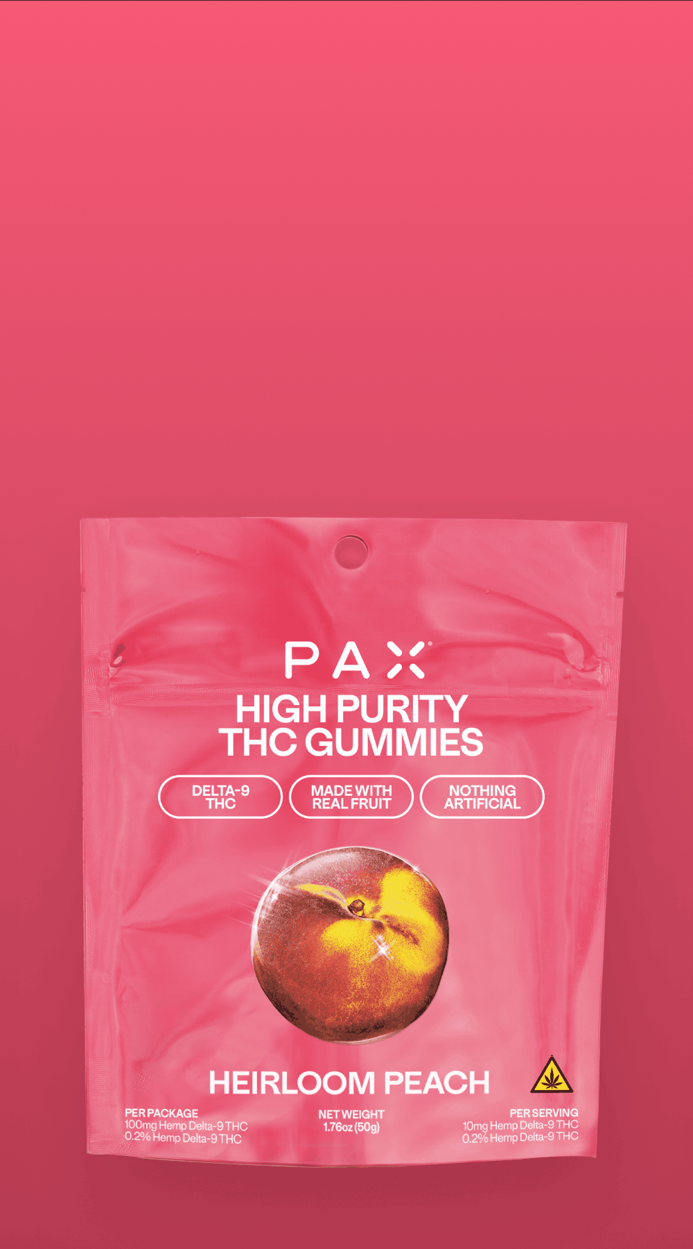High Purity THC Gummies, showcasing the mango, strawberry and peach flavors with bright green, red and pink packaging