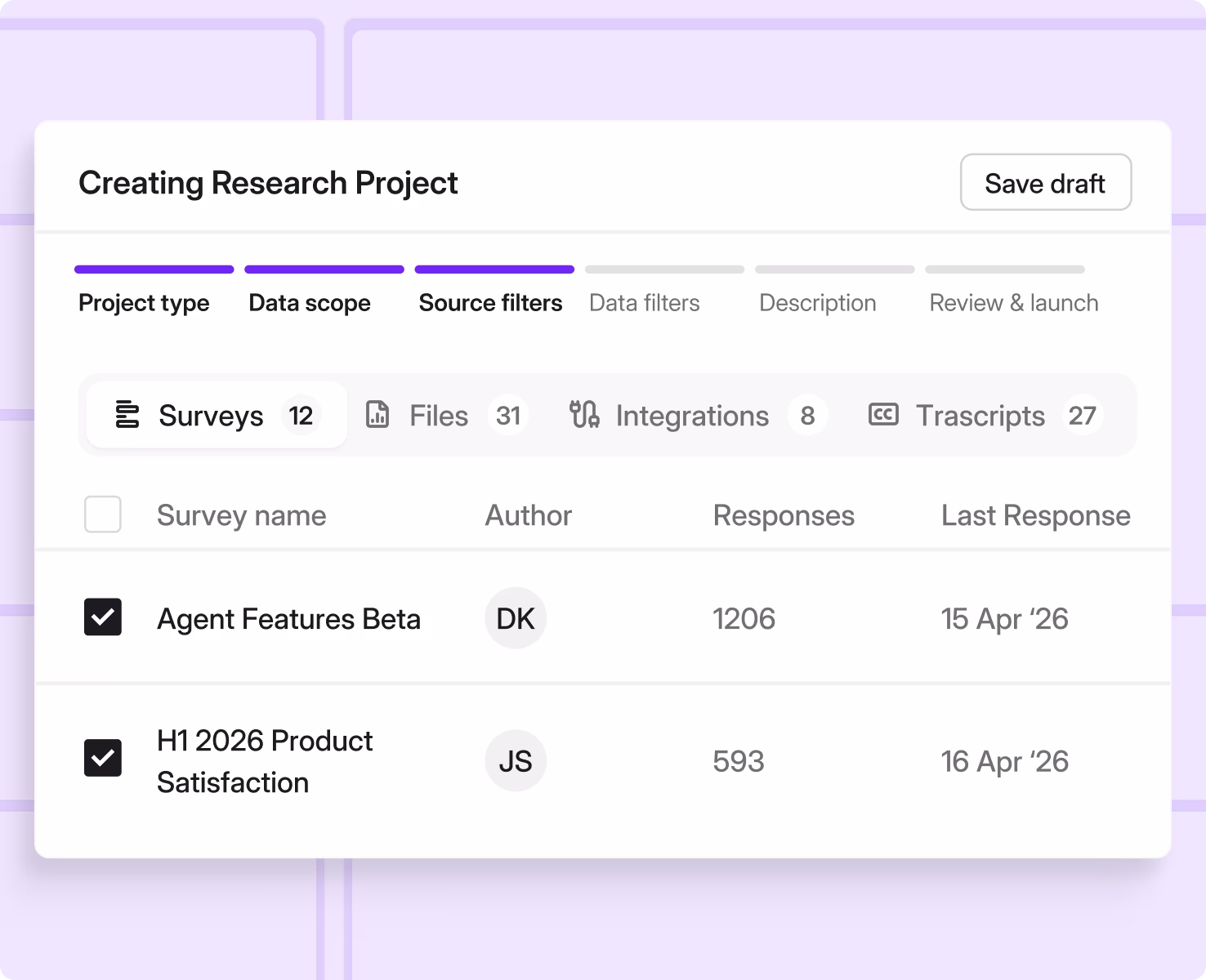 Creating a research project in Survicate's Research Hub. Researcher as the human in the loop, describing the goals, choosing the data scope, adding filters, and more.