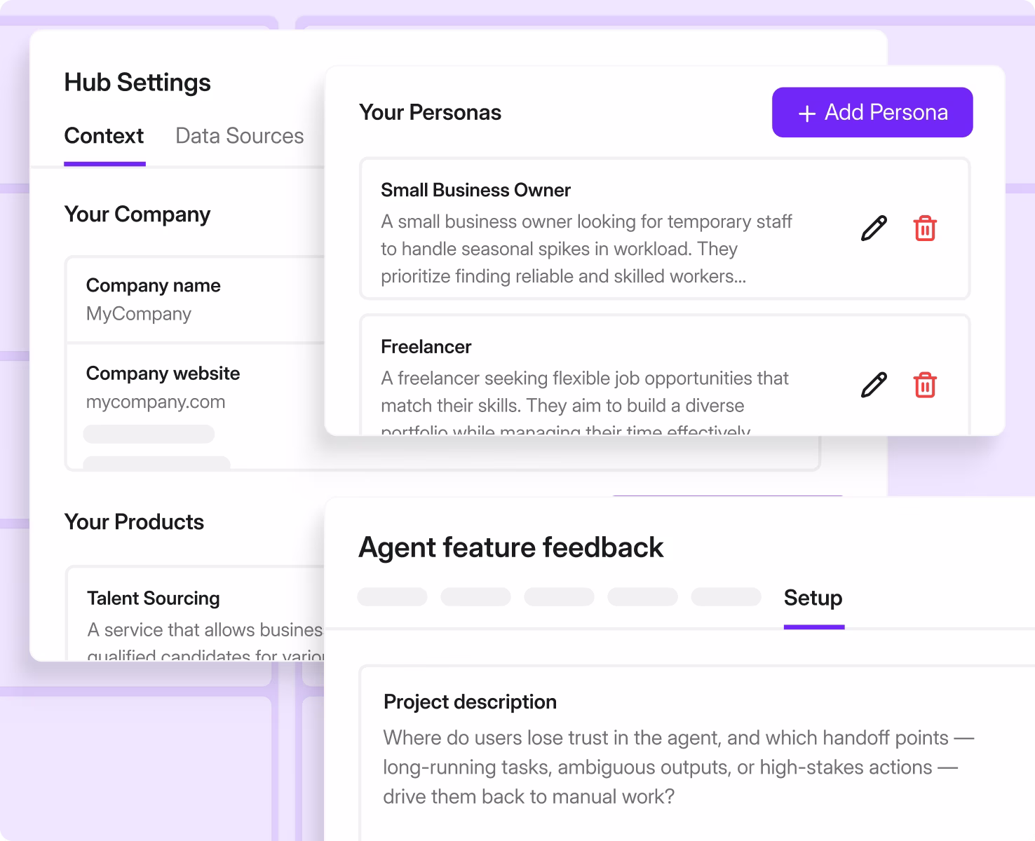 Survicate context layer setup. Add or automatically extract information about your business, personas, and more.