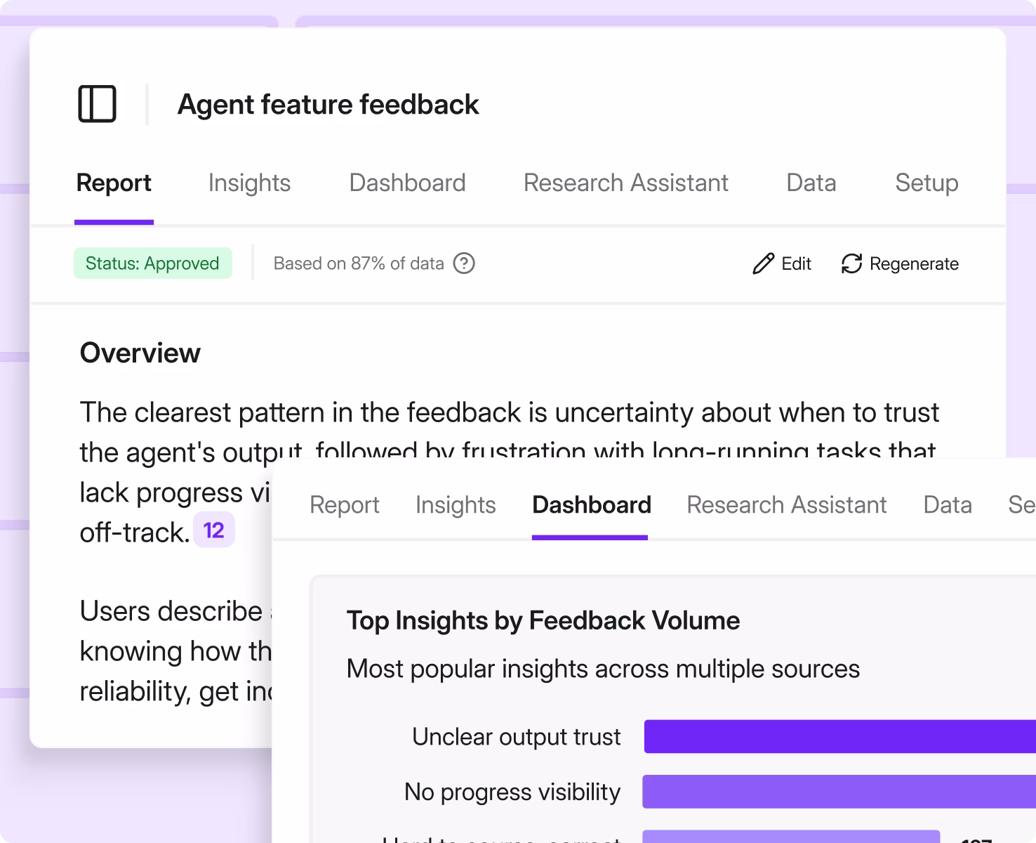 Survicate Research Hub report view with exact quotes and insights always tracing back to the original source.