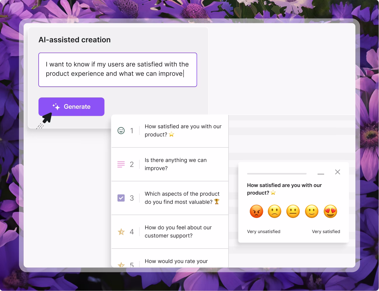 AI survey creator in-product shot of Survicate's survey's being generated by AI