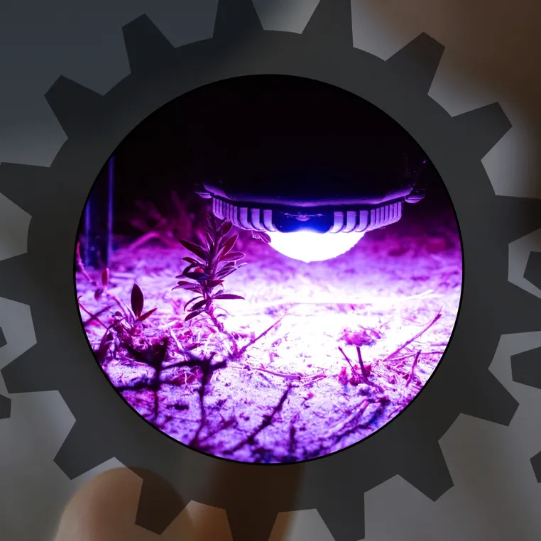 A close-up of a drone’s LED light illuminating the ground with a purple glow, highlighting small plants and soil, viewed through a gear-shaped overlay.