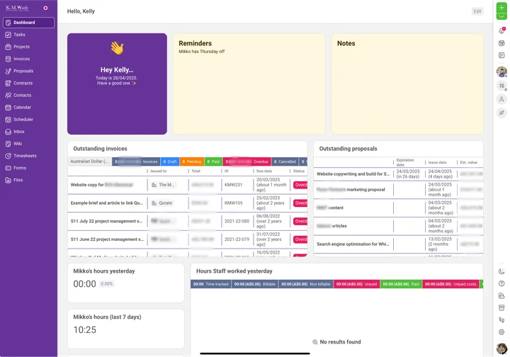 Kelly's Plutio dashboard