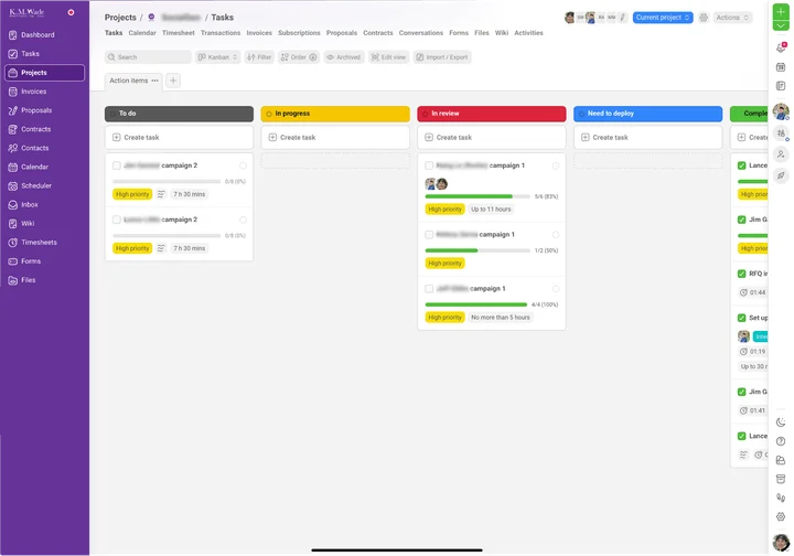Kelly's project management setup in Plutio