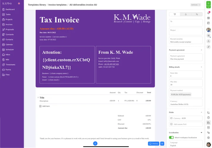 Kelly's invoice template setup