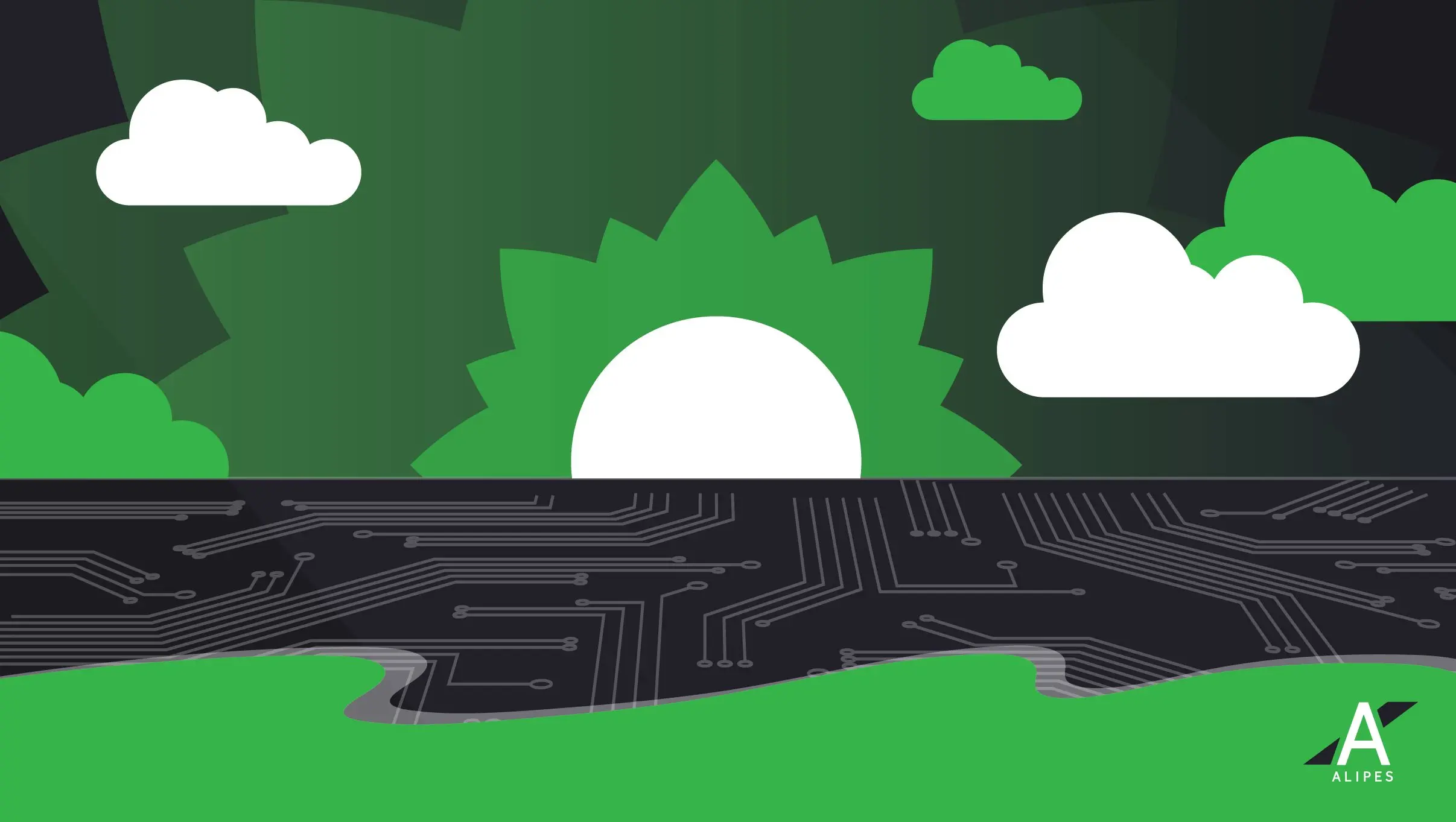 "Illustration of a summer sunrise with clouds and circuit board design, symbolizing creativity, technology, and happiness