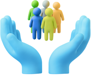 3d hands holding a small group of colorful generic people aloft