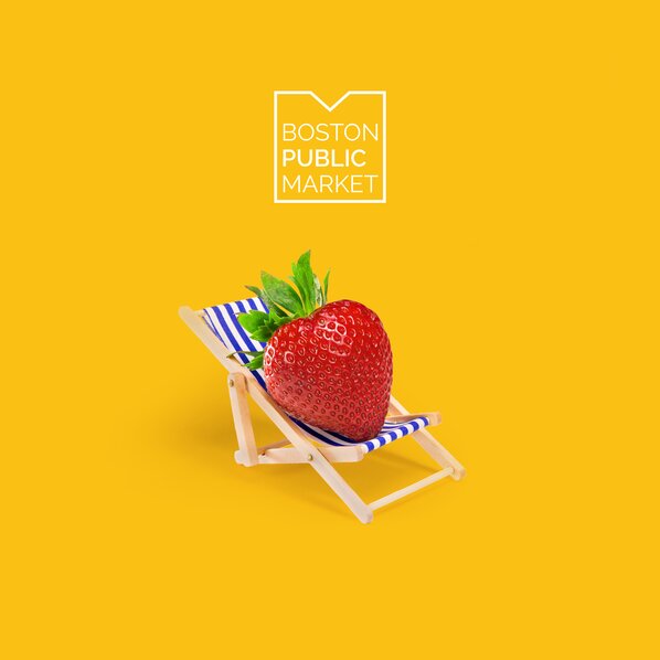 Boston Public Market promotional poster featuring a strawberry in a lawnchair