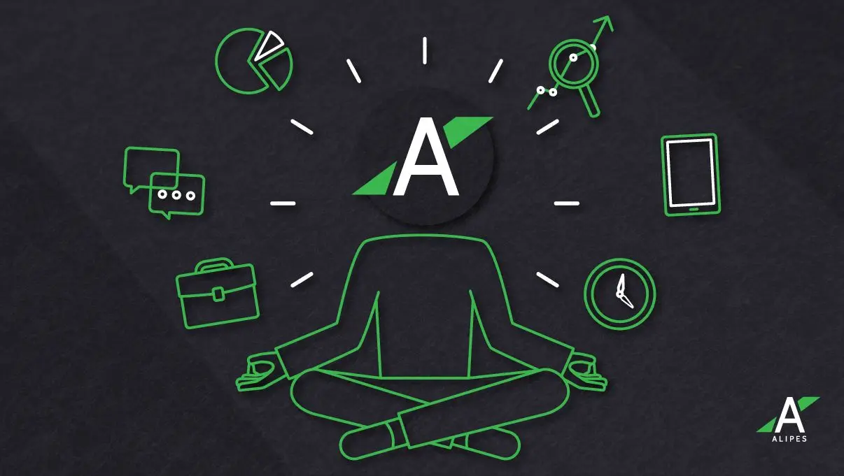 A person sitting cross-legged in a meditating pose, surrounded by icons related to project management and productivity