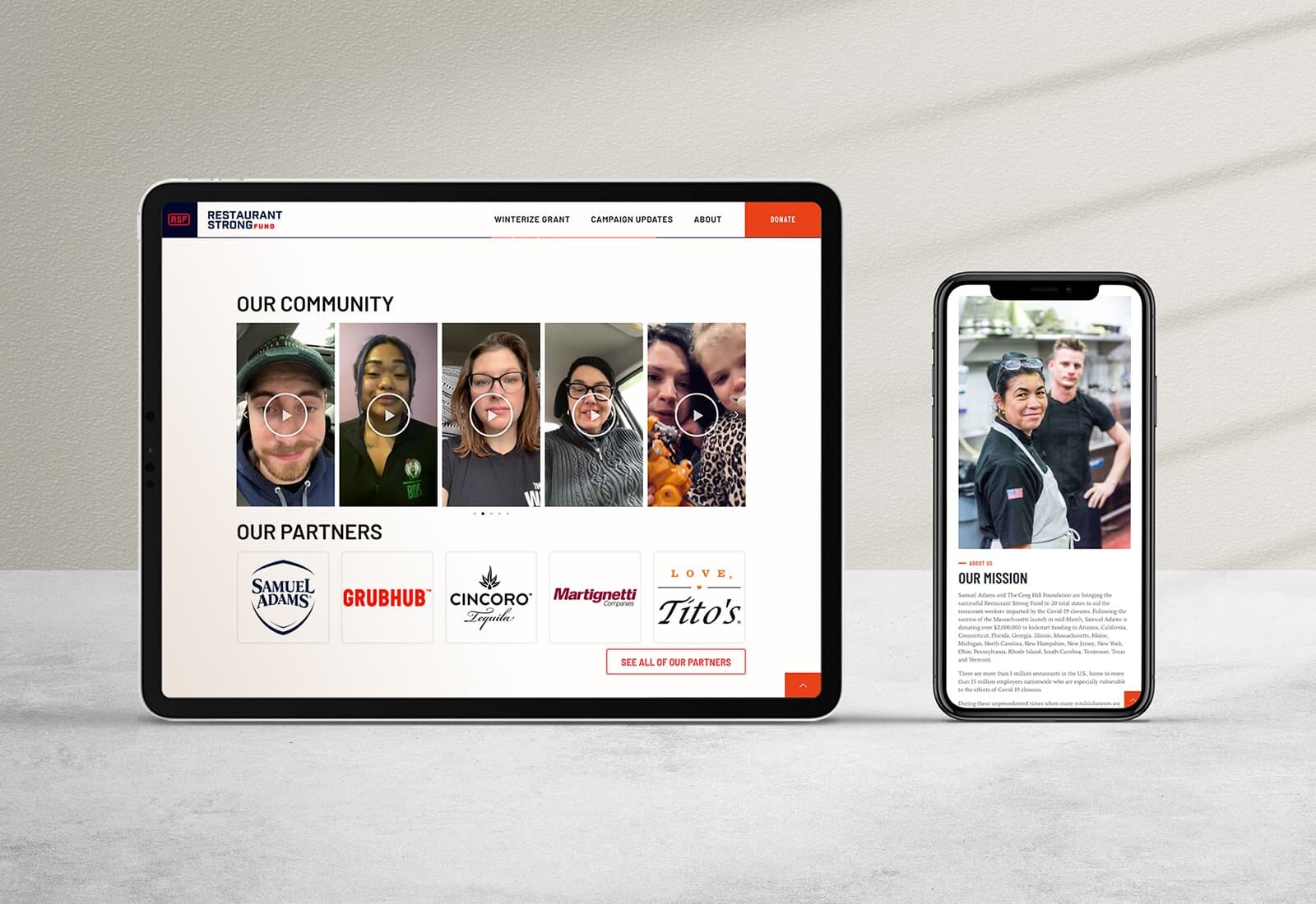 A tablet and a smart phone showing pages of the Restaurant Strong web site