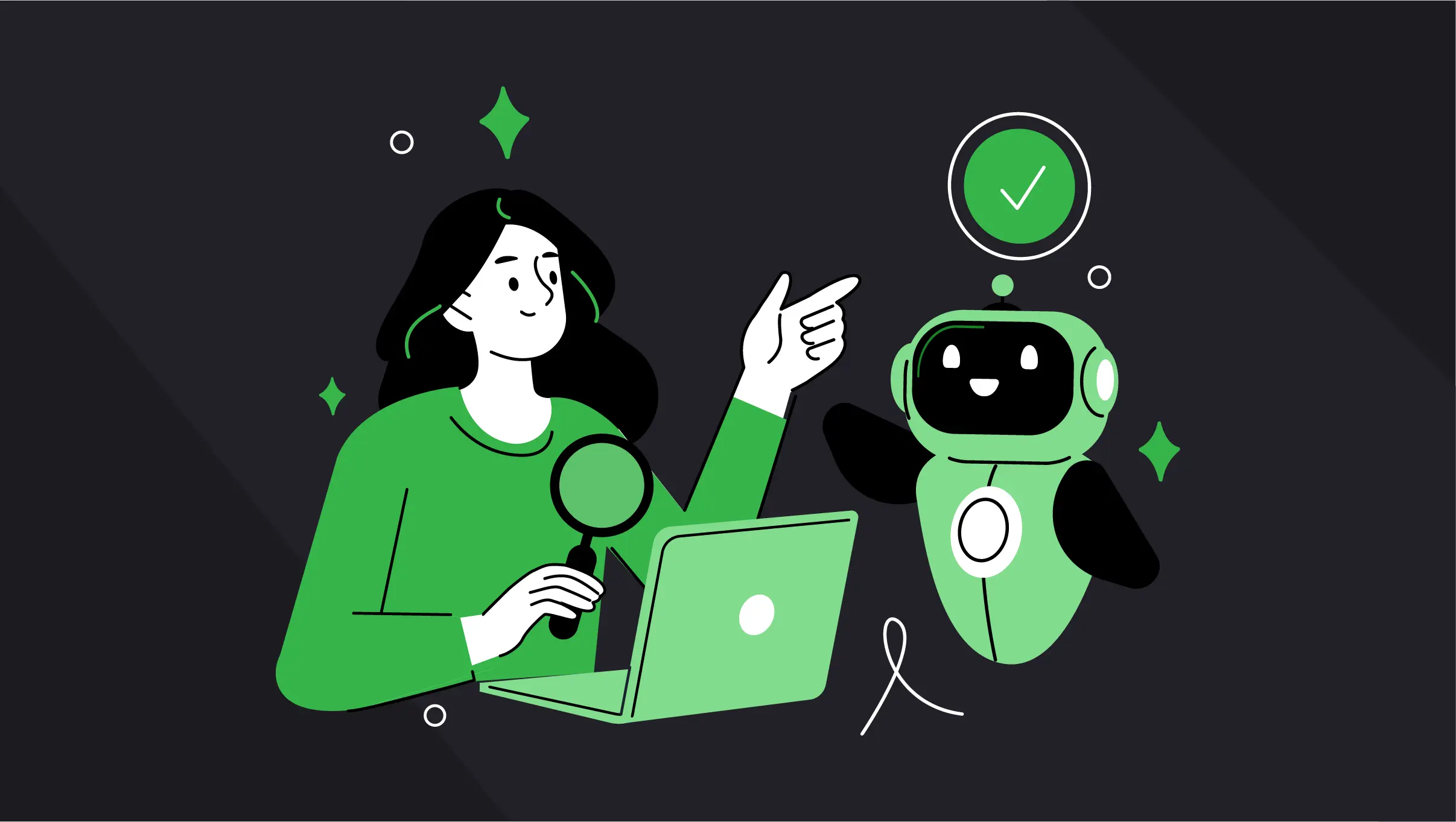 Illustration of a developer reviewing a website with an AI assistant robot, representing website readiness for the agentic web and AI agents