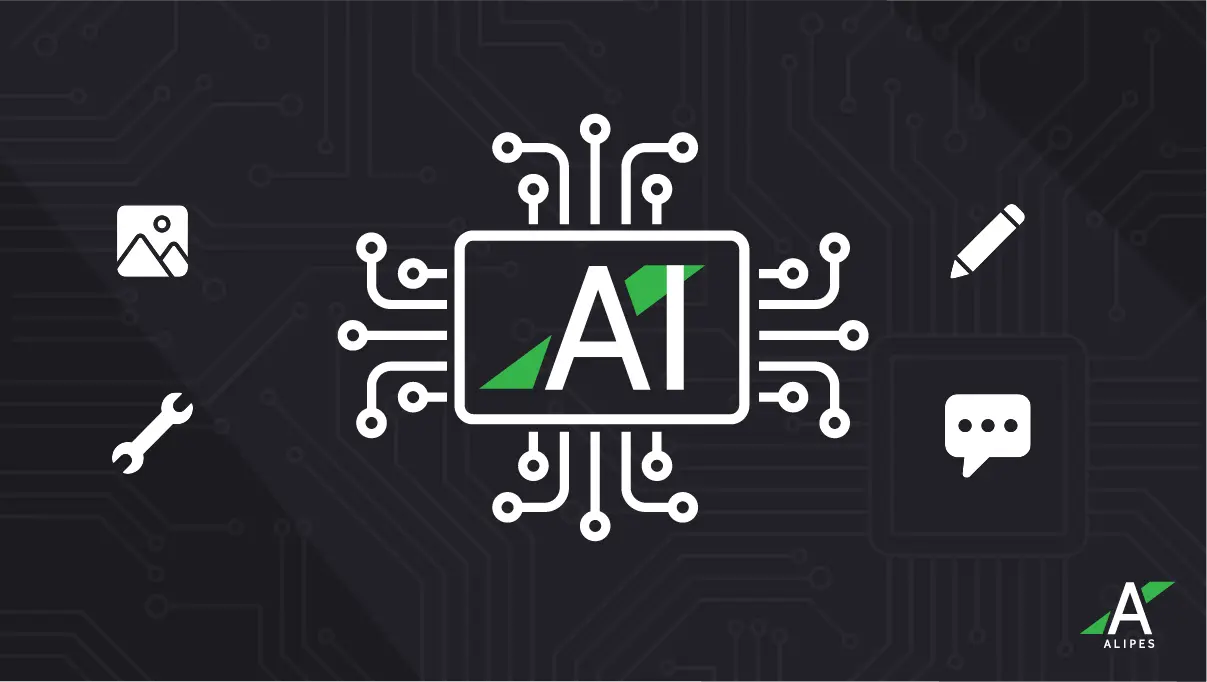AI technology circuit board graphic with Alipes logo representing artificial intelligence tools and automation
