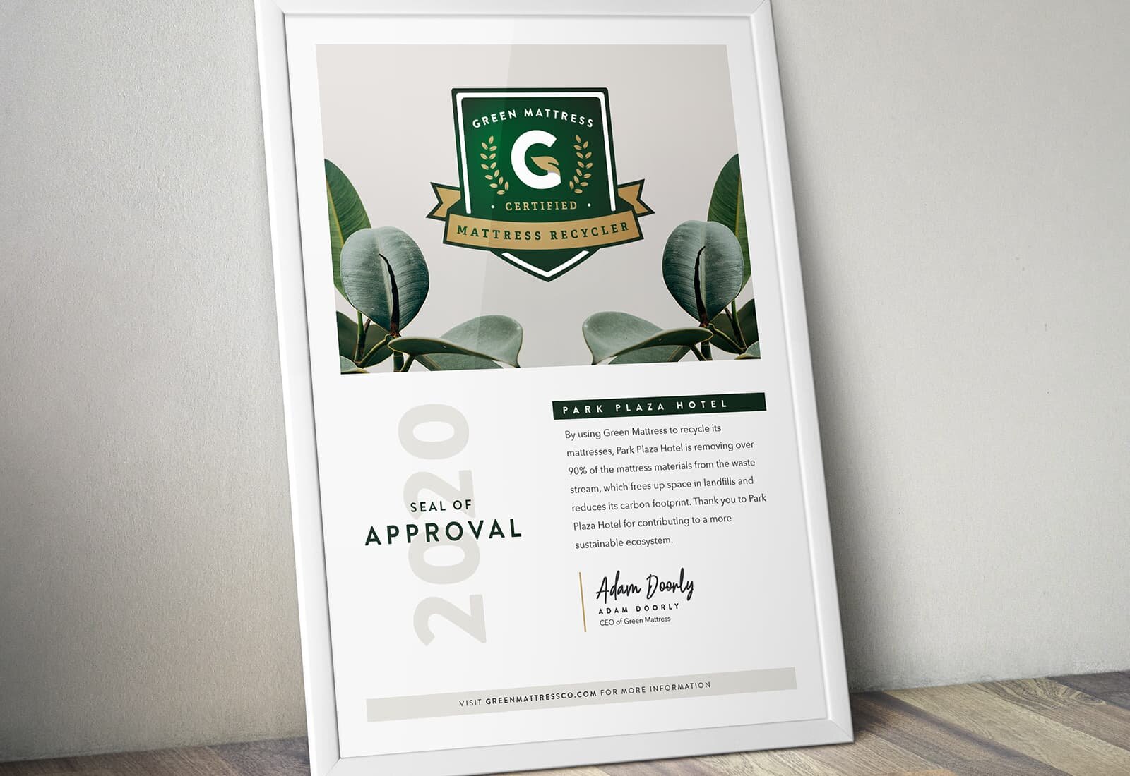 The Green Mattress certification placard for the Park Plaza hotel