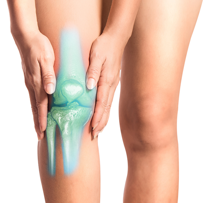  A person is holding their knee with both hands, suggesting pain or discomfort. A transparent X-ray overlay shows the bones of the knee joint with a glowing blue light.