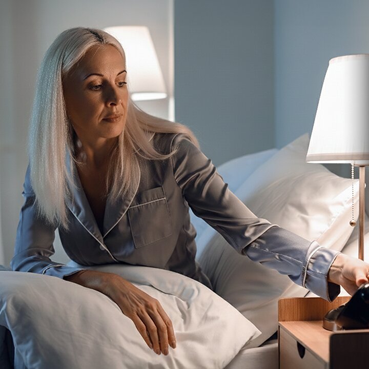 Woman wearing pyjamas and sitting up in bed, grabbing something on the nightstand. 