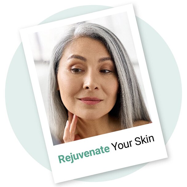  A woman with long gray hair looks down and touches her chin in a polaroid-style image. Text on the bottom of the photo reads "Rejuvenate Your Skin."
