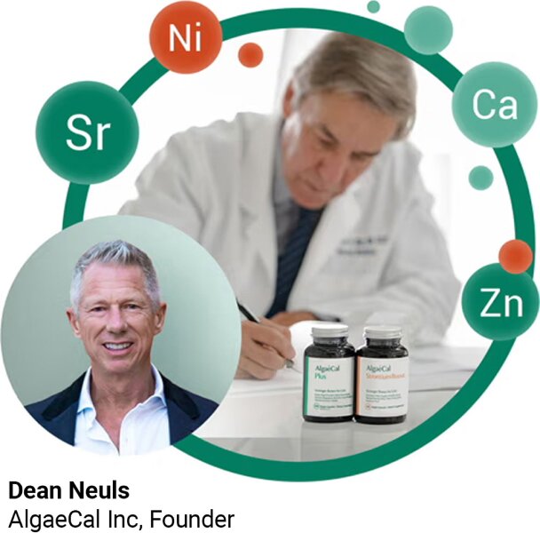  A graphic with two people. In the foreground, a headshot of Dean Neuls, founder of AlgaeCal Inc., is on the left. In the background, a blurry image shows Dr. Larry May in a white coat, seated at a desk, with two AlgaeCal bottles in front of him. A large green circular ring with different elemental symbols like Sr, Ni, Ca, and Zn surrounds the images.