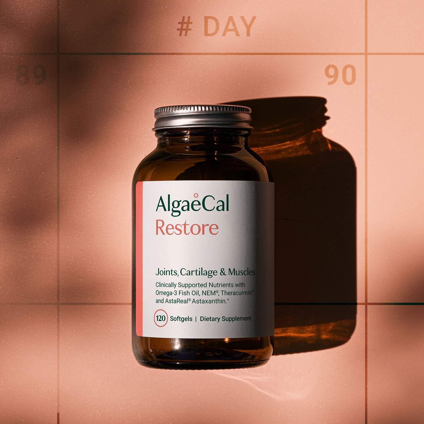 AlgaeCal Restore bottle with a calendar in the background indicating Day 90