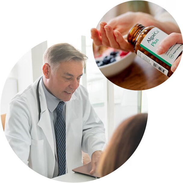 A split circular image shows two scenes. The left side shows a doctor, Dr. Larry May, in a white coat and tie, speaking with a patient. The right side shows a hand holding a bottle of "AlgaeCal Plus" supplement, pouring capsules into a hand.
