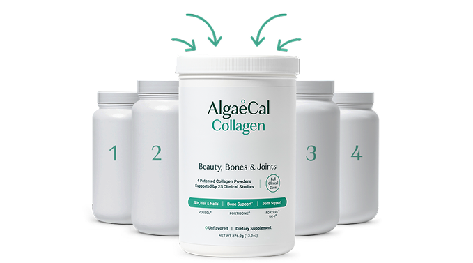 4 unlabelled bottles with AlgaeCal Collagen in the front and arrows  pointing in, indicating 4 types in one