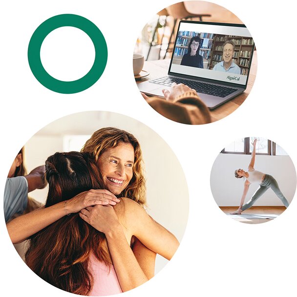 A circular collage displays three community-themed scenes: a video call on a laptop, two women embracing, and a woman in a yoga pose.