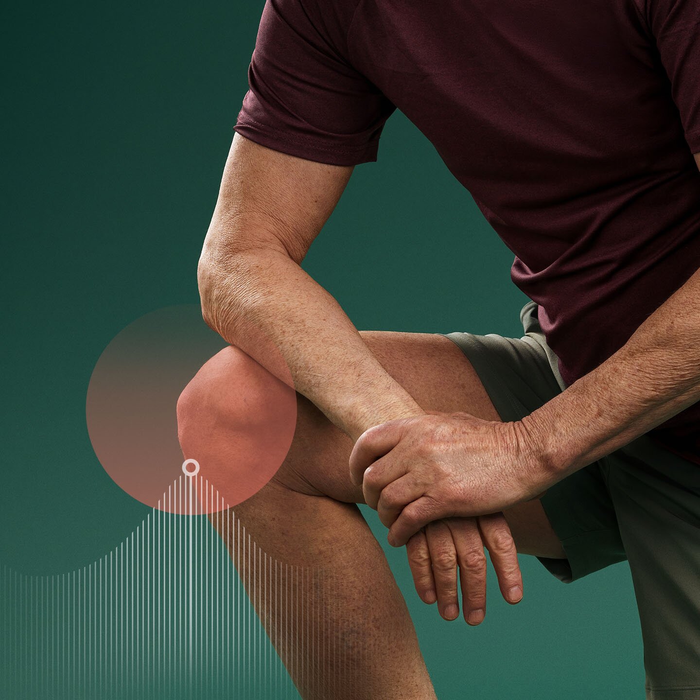 Close up of a man resting his elbow on his knee - a coral overlay highlights his knee joint