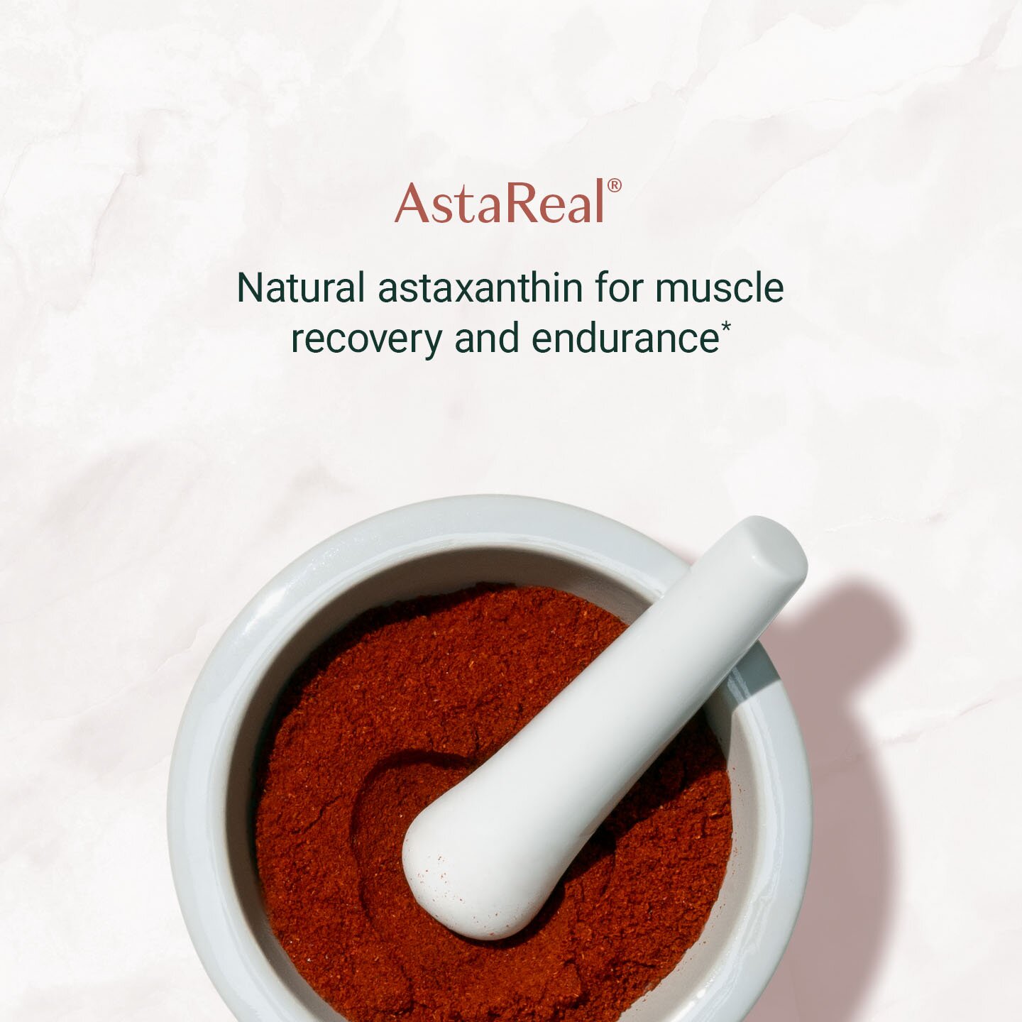 AstaReal® - natural astaxanthin for muscle recovery and endurance*. Mortar and pestle with a red powder in it