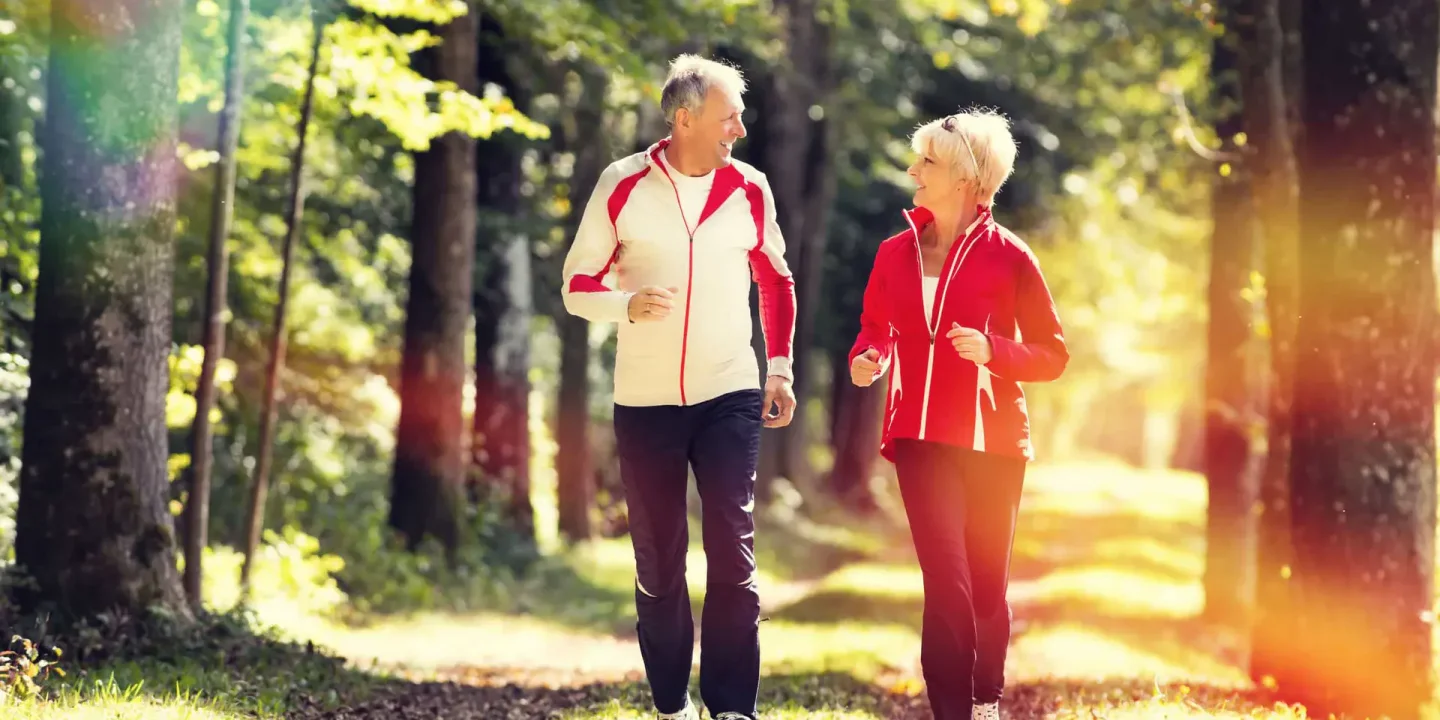 Seniors jogging on a forest road