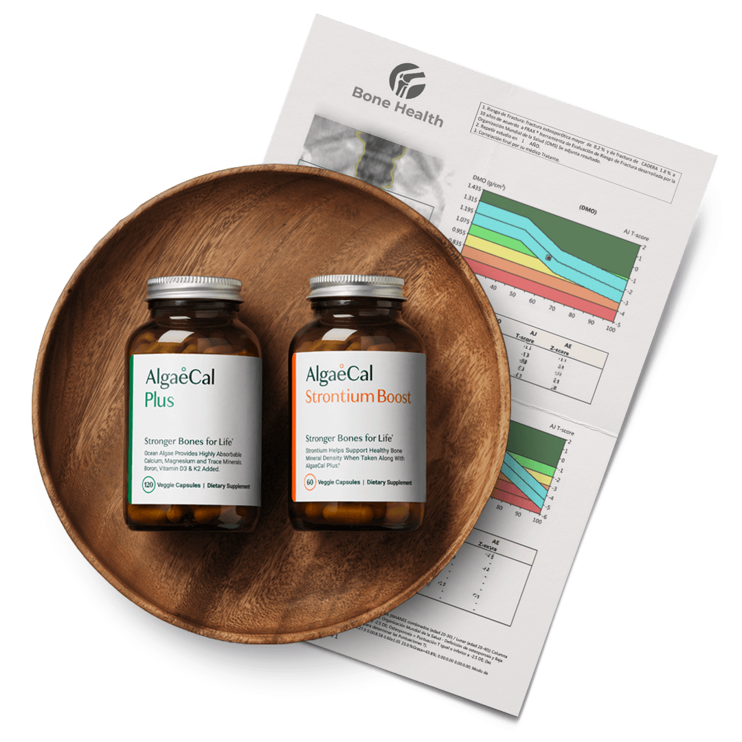 AlgaeCal Bone Builder Pack bottles on a wooden plate with a bone density report underneath. 