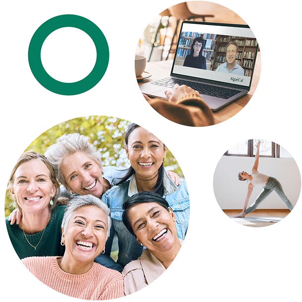 A collage of circular images featuring a green ring logo, a man and woman on a video call with AlgaeCal branding, a group of five diverse, smiling women, and a woman practicing a yoga pose.