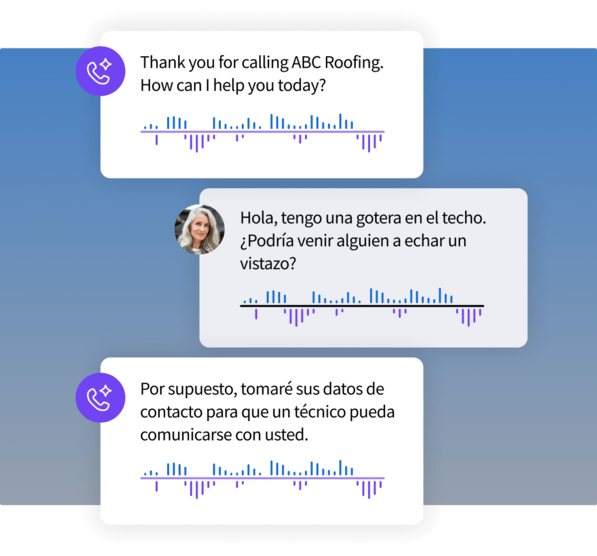 Chat bubbles showing a voice call conversation transitioning from English to Spanish to schedule a roof repair.