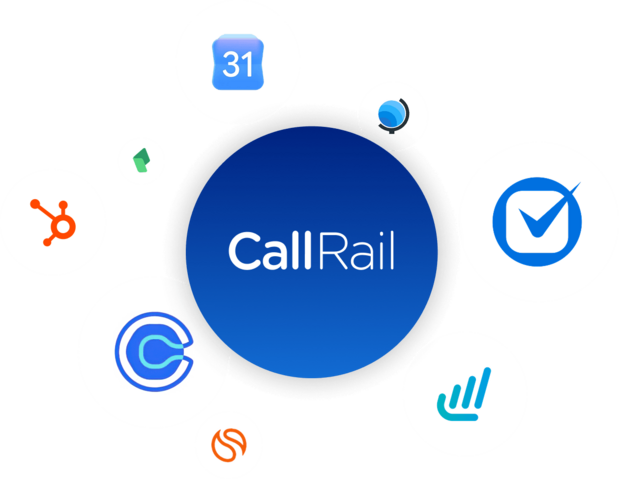 CallRail logo centered and surrounded by various software integration icons on a white background.
