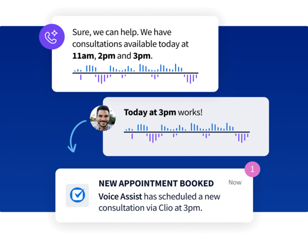 UI mockup showing Voice Assist booking a 3pm consultation via Clio after text confirmation.