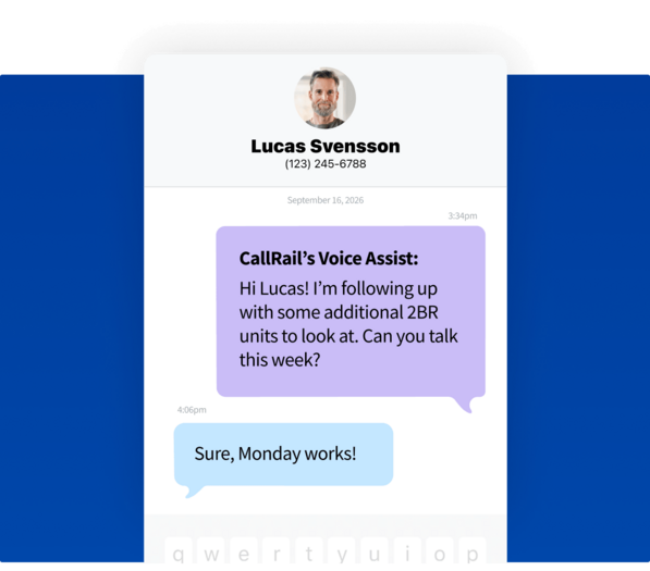 Text message conversation between CallRail's Voice Assist and prospect Lucas Svensson following up on available 2-bedroom units.